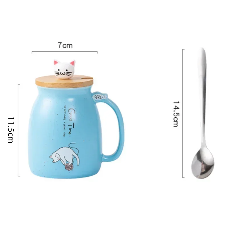 Cute Cat Ceramic Tea Cup with Lovely Kitty Bamboo lid and Stainless Steel Spoon