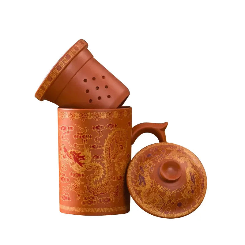 Handmade Dragon Beauty Purple Clay Tea Mug with Lid and Infuser