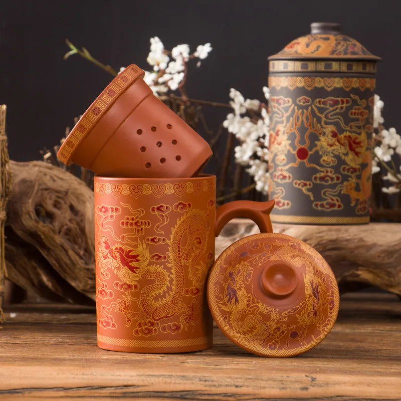 Handmade Dragon Beauty Purple Clay Tea Mug with Lid and Infuser