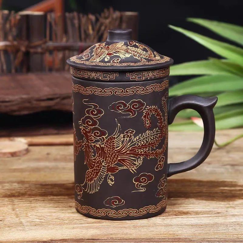 Handmade Dragon Beauty Purple Clay Tea Mug with Lid and Infuser