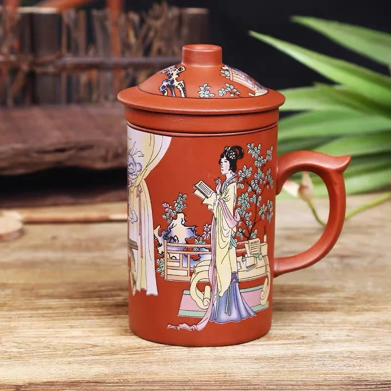 Handmade Dragon Beauty Purple Clay Tea Mug with Lid and Infuser