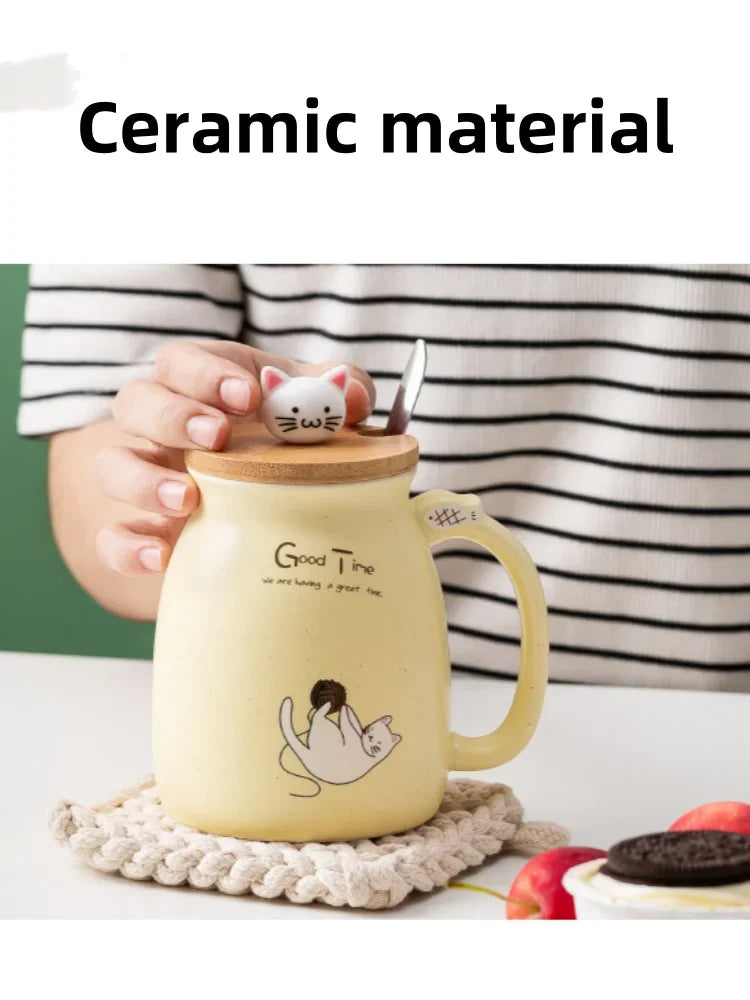 Cute Cat Ceramic Tea Cup with Lovely Kitty Bamboo lid and Stainless Steel Spoon
