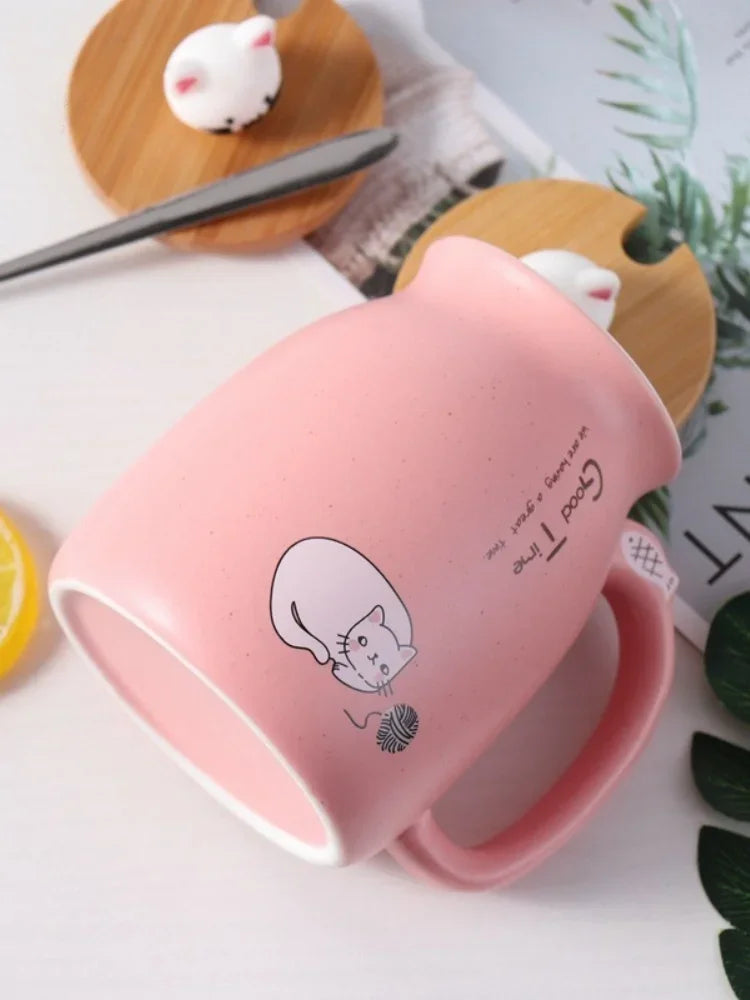 Cute Cat Ceramic Tea Cup with Lovely Kitty Bamboo lid and Stainless Steel Spoon