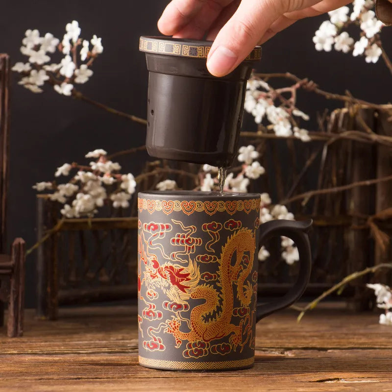 Handmade Dragon Beauty Purple Clay Tea Mug with Lid and Infuser