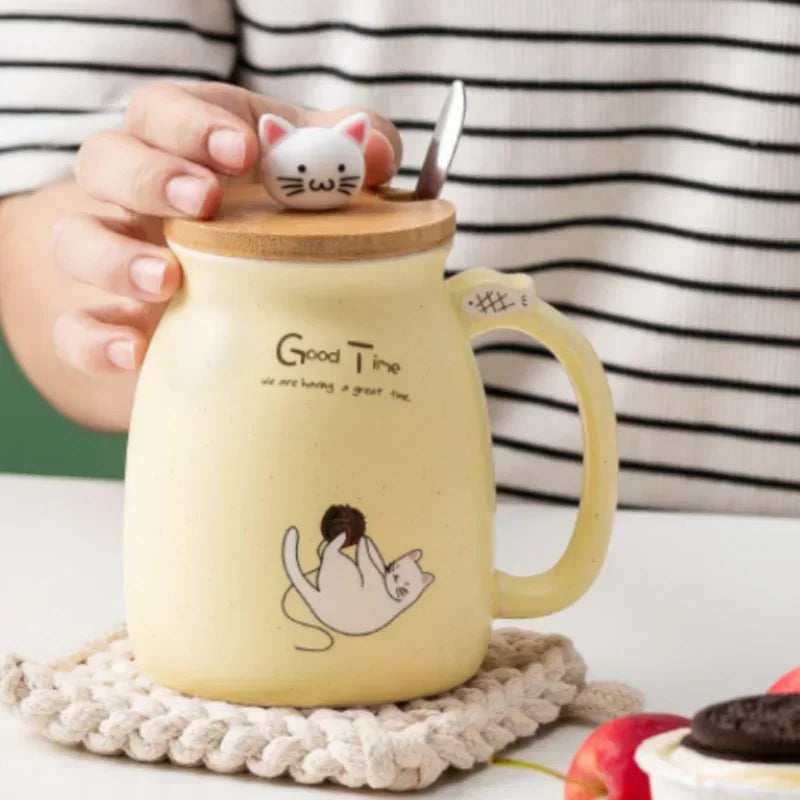 Cute Cat Ceramic Tea Cup with Lovely Kitty Bamboo lid and Stainless Steel Spoon