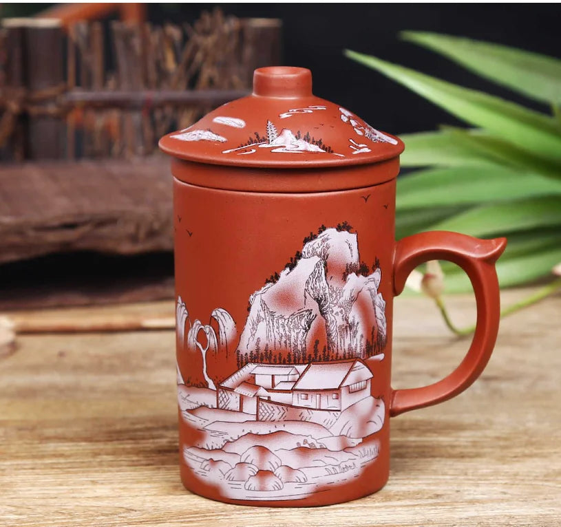 Handmade Dragon Beauty Purple Clay Tea Mug with Lid and Infuser