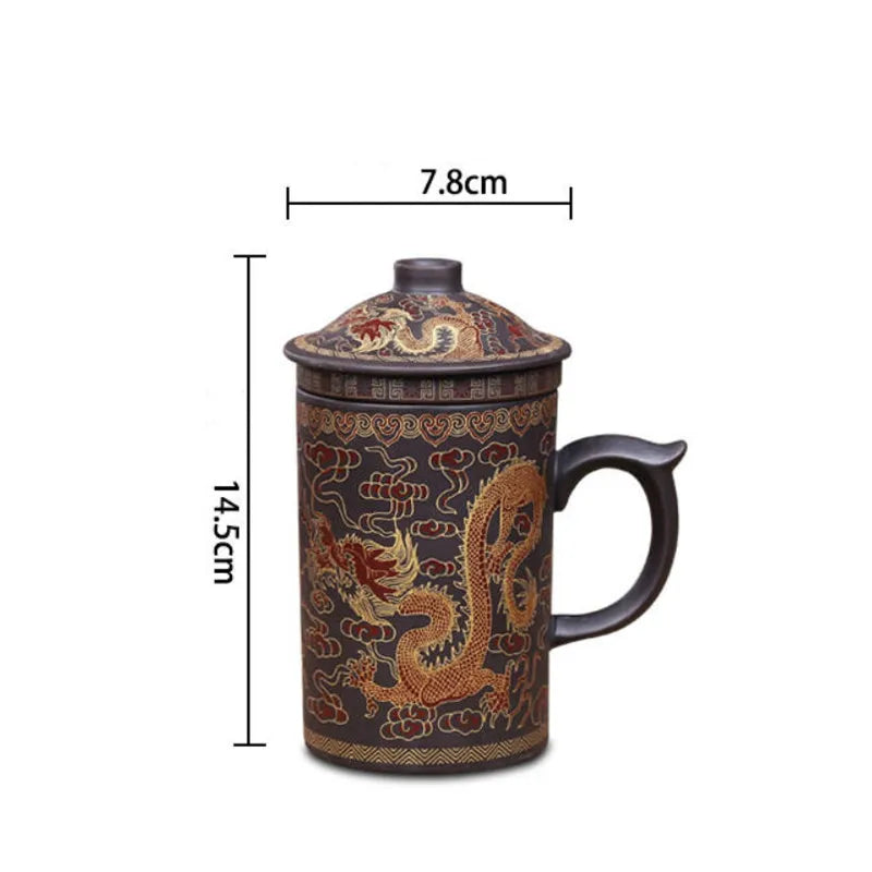 Handmade Dragon Beauty Purple Clay Tea Mug with Lid and Infuser
