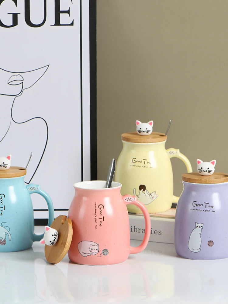 Cute Cat Ceramic Tea Cup with Lovely Kitty Bamboo lid and Stainless Steel Spoon