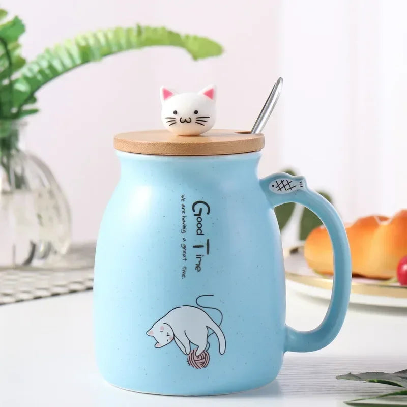 Cute Cat Ceramic Tea Cup with Lovely Kitty Bamboo lid and Stainless Steel Spoon