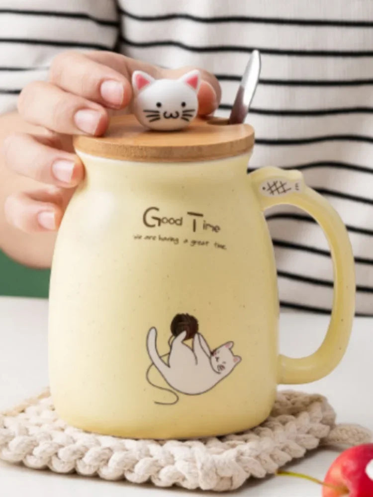 Cute Cat Ceramic Tea Cup with Lovely Kitty Bamboo lid and Stainless Steel Spoon