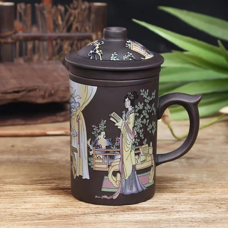 Handmade Dragon Beauty Purple Clay Tea Mug with Lid and Infuser