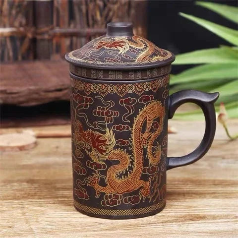 Handmade Dragon Beauty Purple Clay Tea Mug with Lid and Infuser
