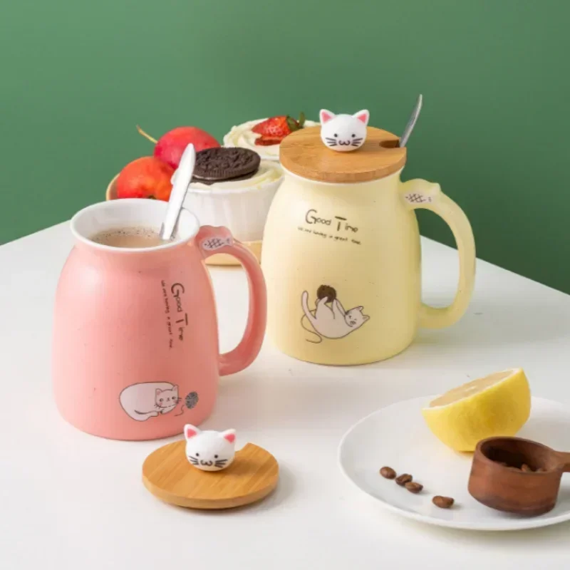 Cute Cat Ceramic Tea Cup with Lovely Kitty Bamboo lid and Stainless Steel Spoon