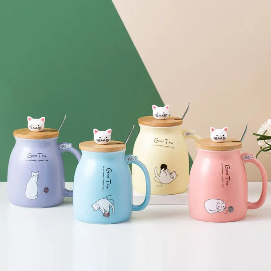 Cute Cat Ceramic Tea Cup  with Lovely Kitty Bamboo lid and Stainless Steel Spoon