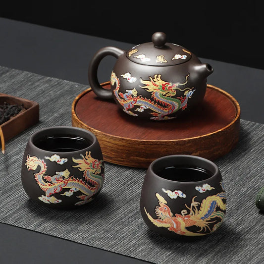 Hand Made Dragon and Phoenix Color changing Purple Clay Teapot