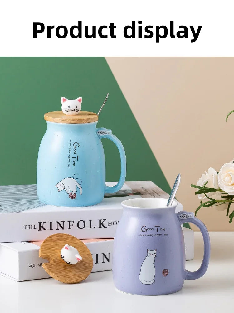Cute Cat Ceramic Tea Cup  with Lovely Kitty Bamboo lid and Stainless Steel Spoon